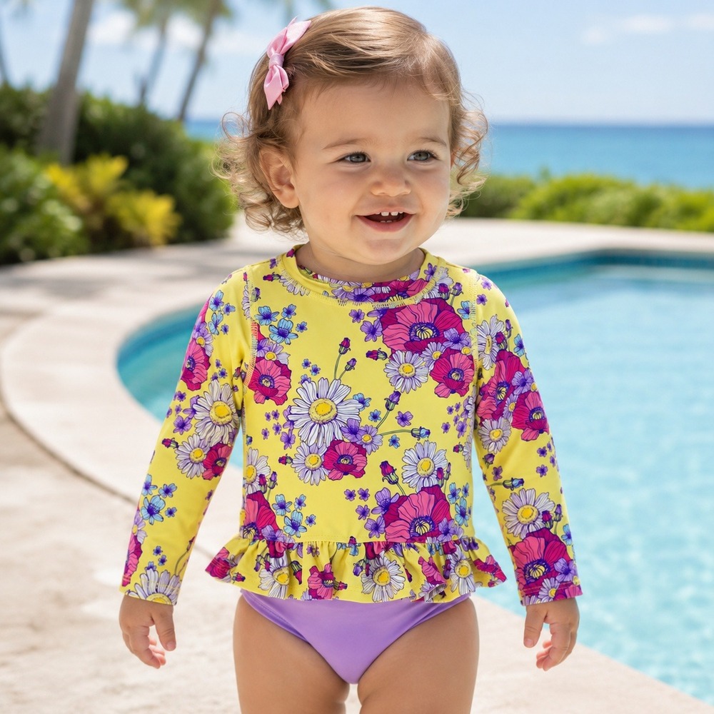 RuffleButts‎ Girls 18-24M Yellow Floral Long Sleeve Ruffle Rash Guard Top